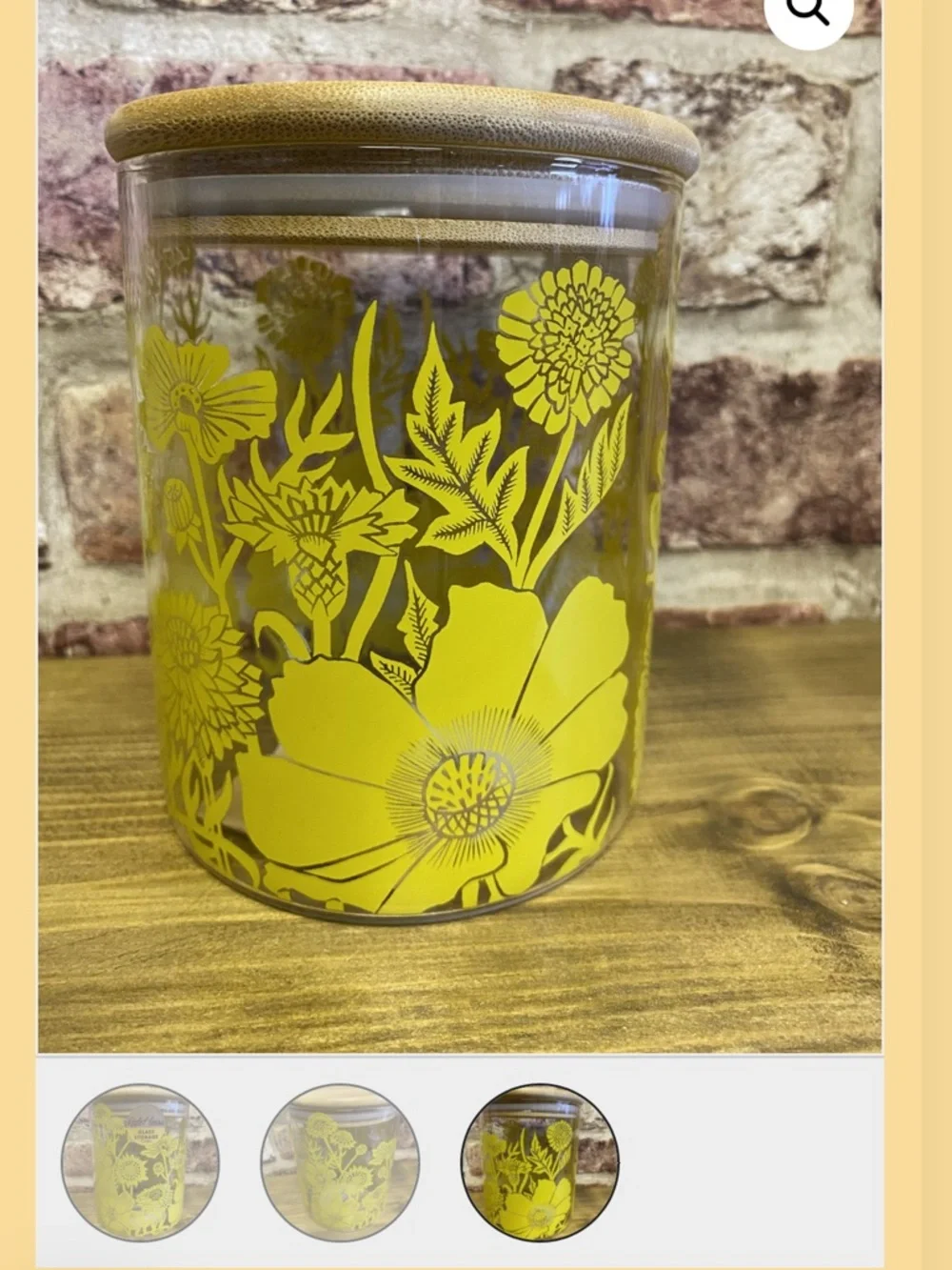 NWT KATE HEISS Glassware, Storage Jar, Bamboo Lid, Pretty Yellow Flower Design